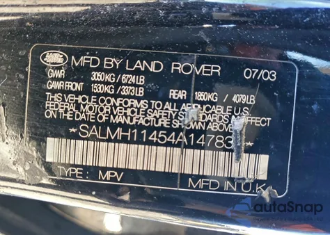 2004 Land Rover Range Rover Westminster from USA, damaged, VIN SALMH11454A147831